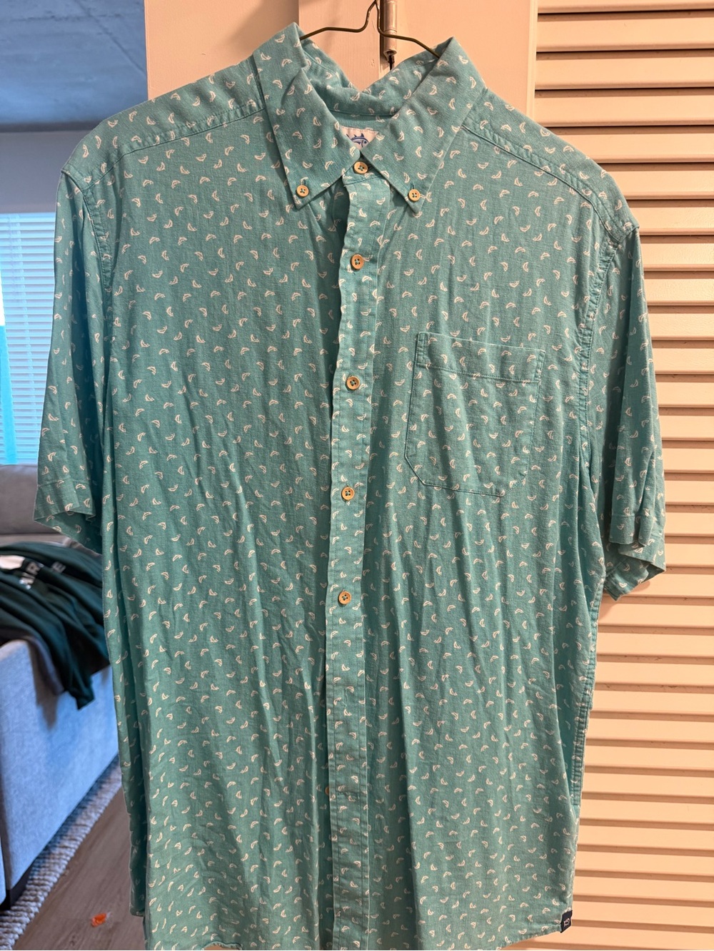 Southern Tide Teal Short-Sleeve Button-Down Shirt with White Paisley Print